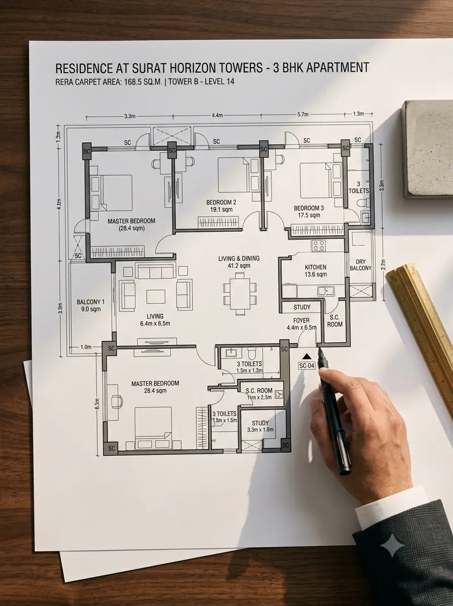 BHK floor plan, Surat Horizon Towers, RERA carpet area